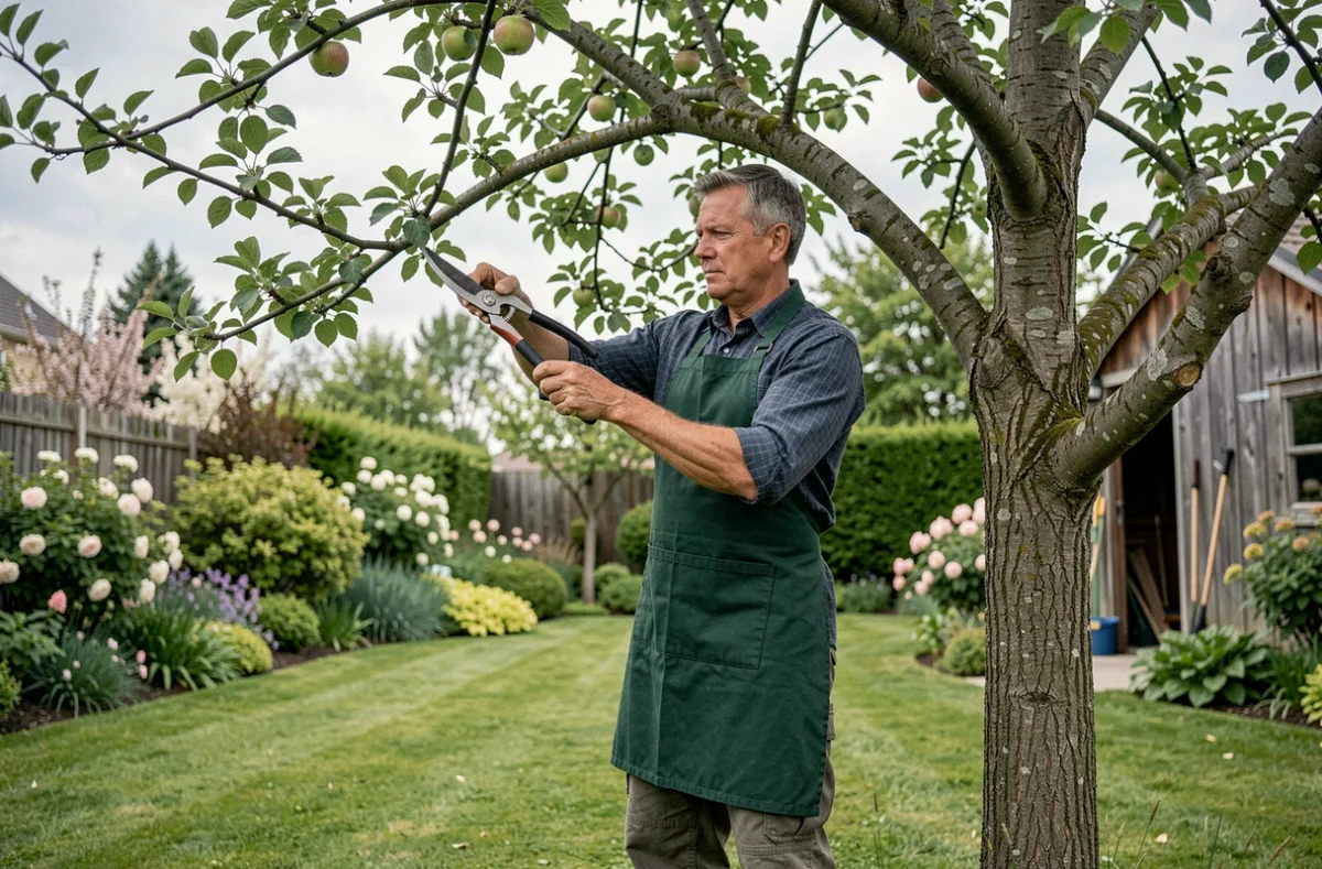 Homme en tablier qui taille un pommier dans un jardin bien entretenu au printemps avec un sécateur professionnel