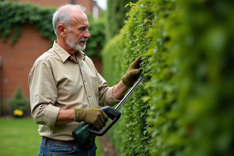 Homme utilisant un taille-haie électrique sans fil pour entretenir une haie verte dans un jardin soigné