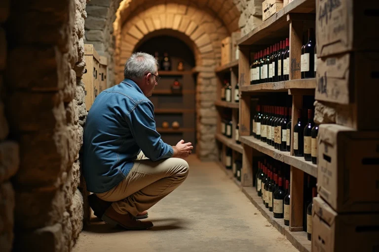 Homme inspectant des bouteilles de vin dans une cave rustique