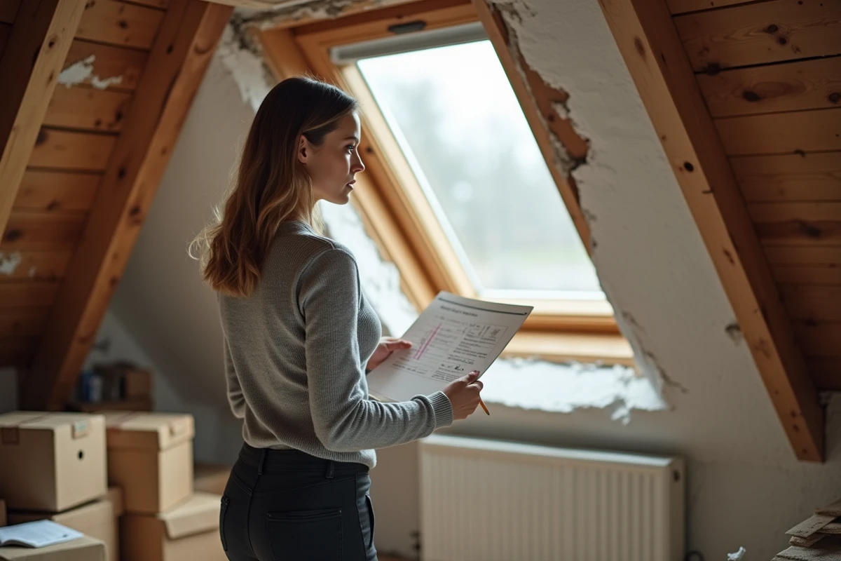 Femme inspectant les dimensions intérieures d'un ancien Velux dans un grenier en cours de rénovation