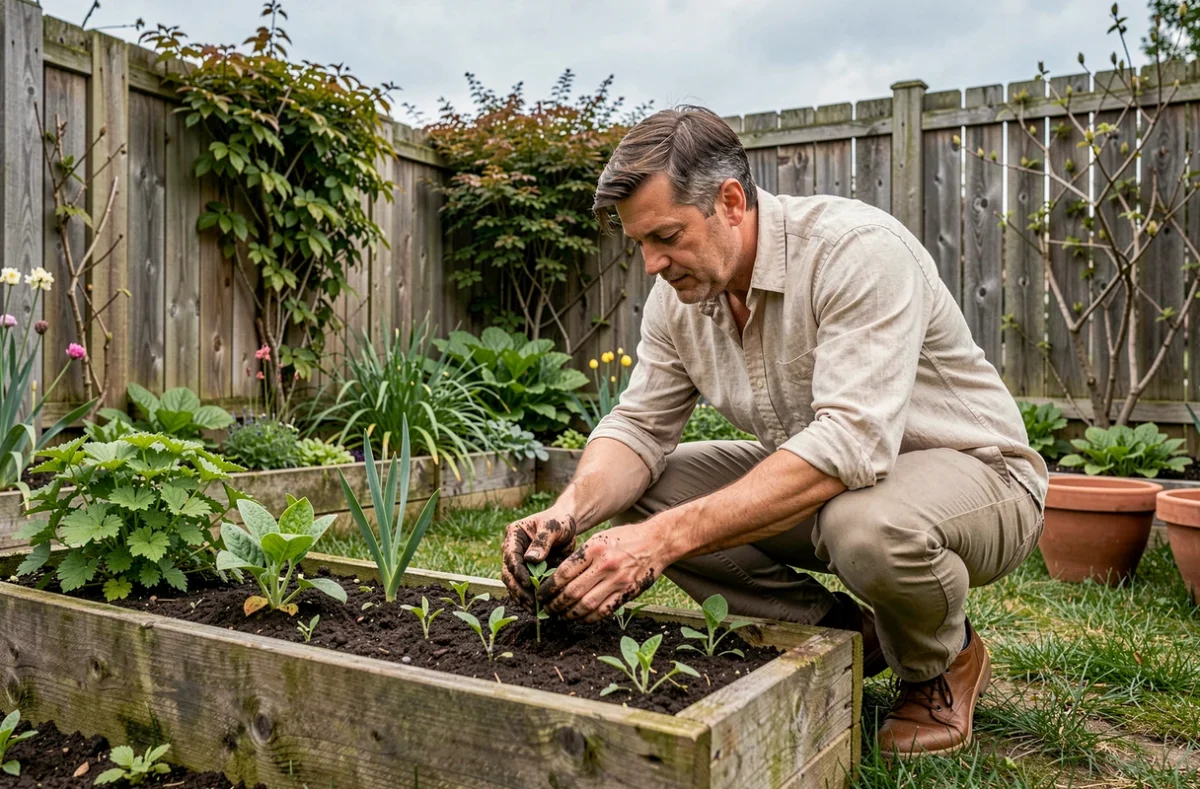 Homme jardinage potager surélevé au printemps pour optimiser son quotidien
