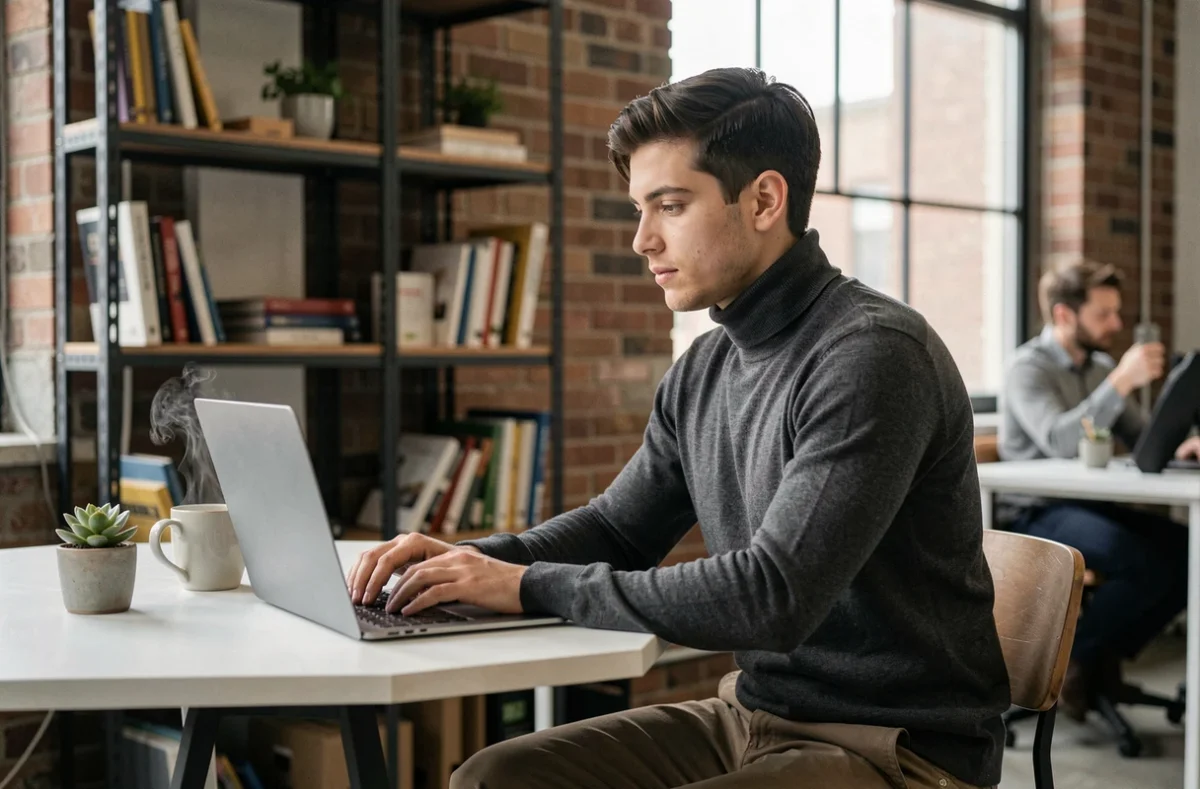 Jeune entrepreneur travaillant sur son ordinateur portable dans un espace de coworking tendance, réussite professionnelle