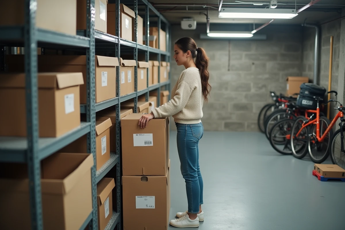 Jeune femme organisant des boîtes dans un sous-sol moderne