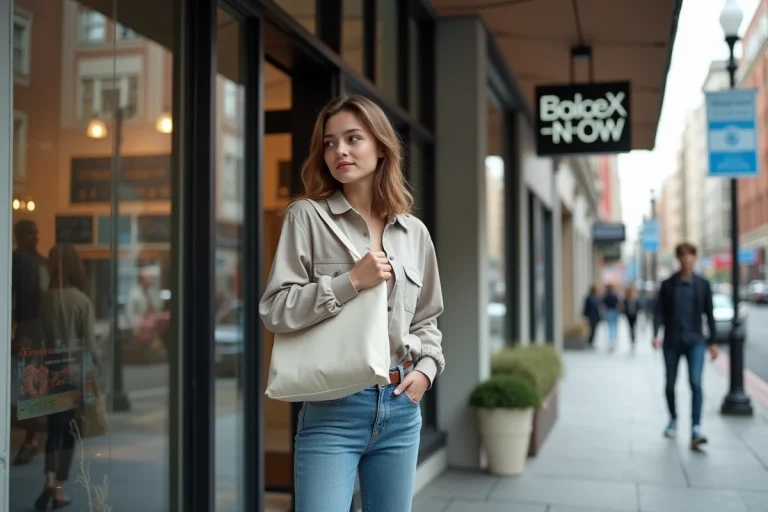 Jeune femme urbaine en denim réfléchissant dehors