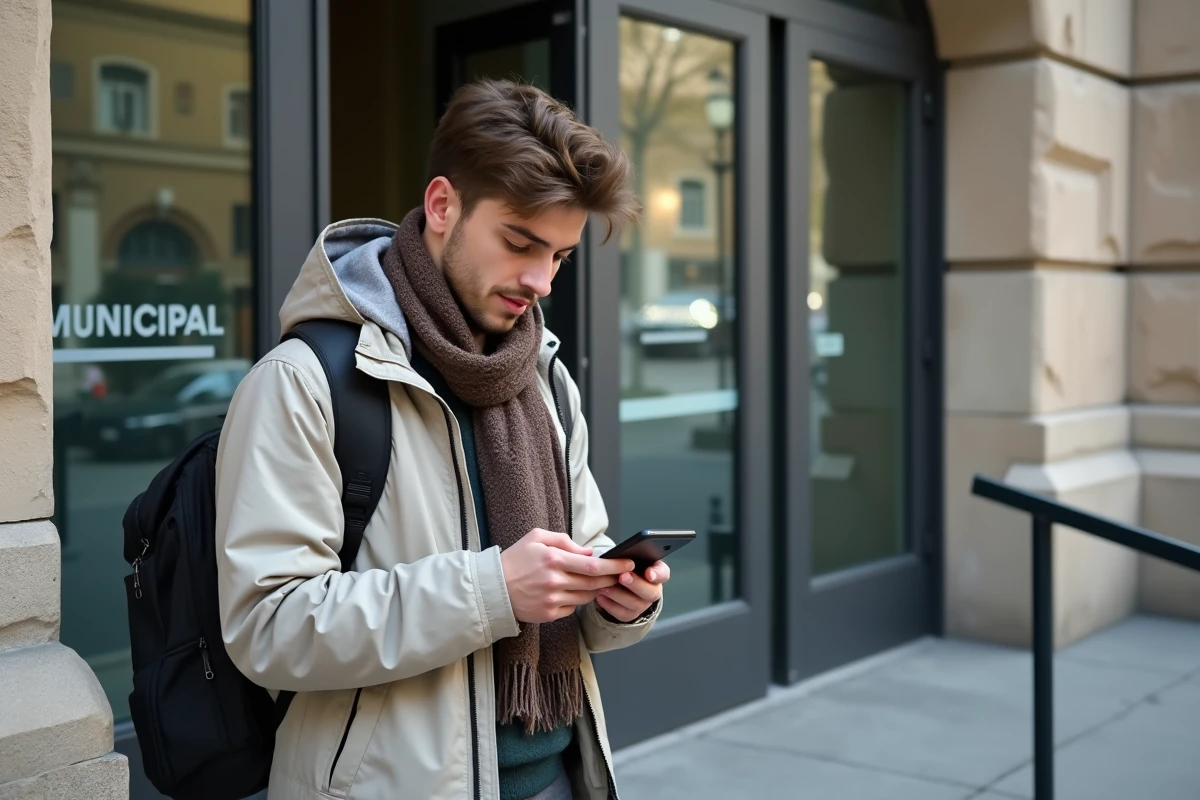 Jeune homme vérifiant son téléphone devant un bâtiment public