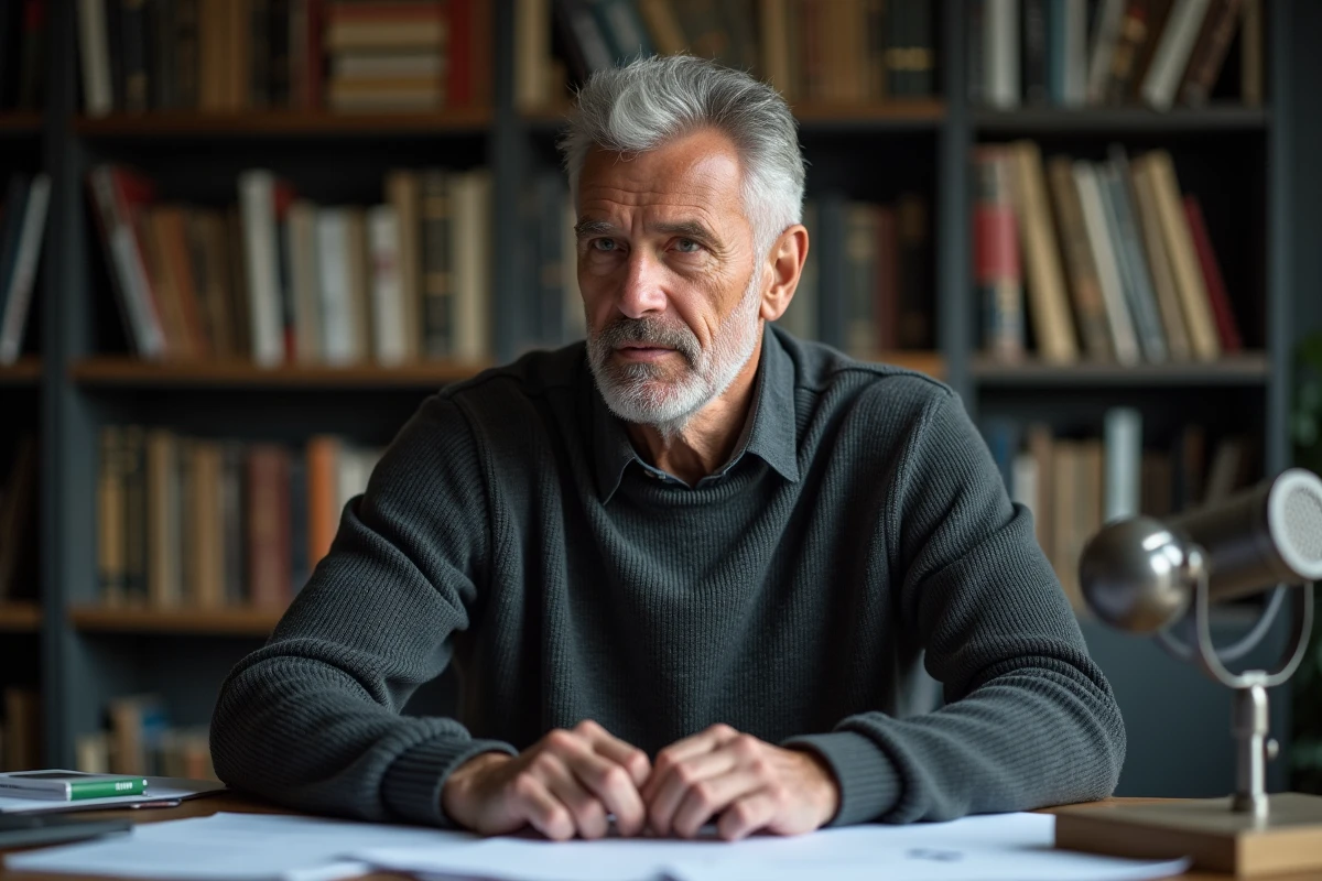 Homme mature pensif assis à son bureau entouré de livres et d'un micro vintage, illustrant l'univers professionnel et personnel d'un journaliste célèbre