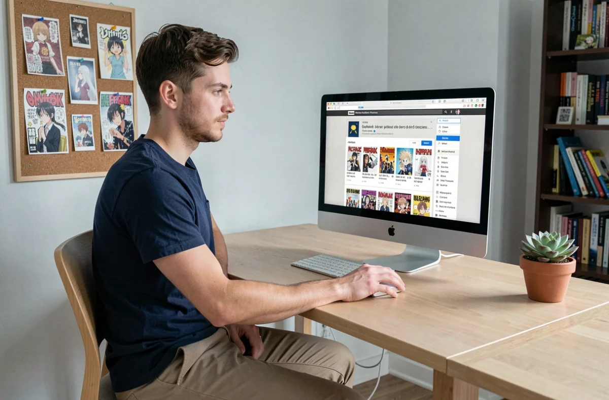Homme consultant un site de lecture de manga VF sur ordinateur dans un bureau à domicile organisé
