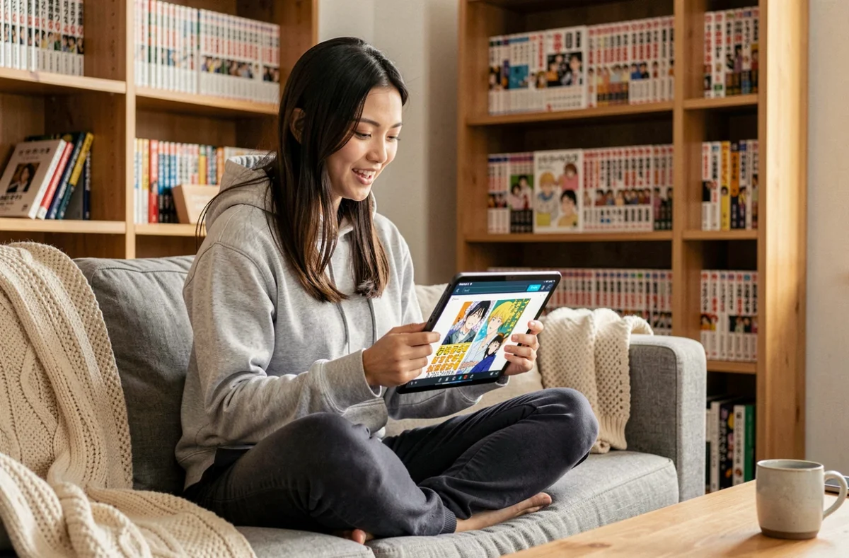 Jeune femme lisant des mangas en VF sur une tablette dans un salon confortable avec des étagères remplies de mangas