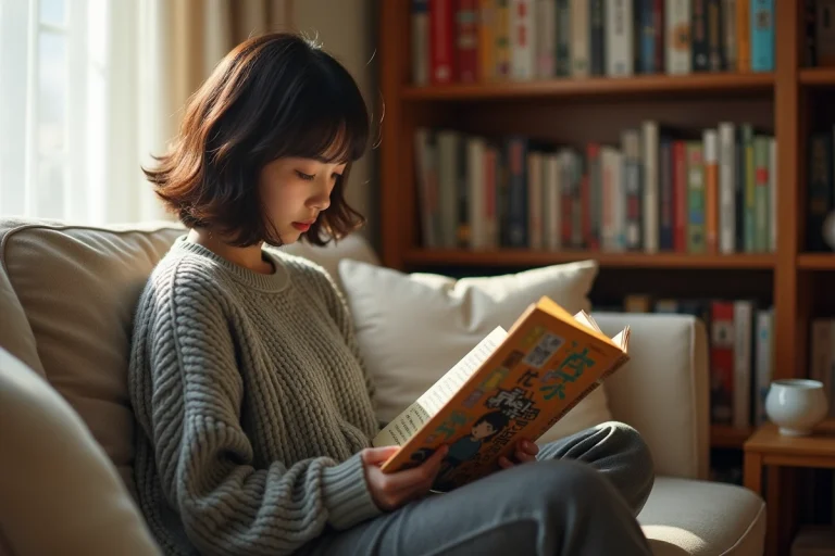 Jeune femme lisant un manga yaoi en version française sur un canapé entouré de bibliothèques remplies de volumes manga