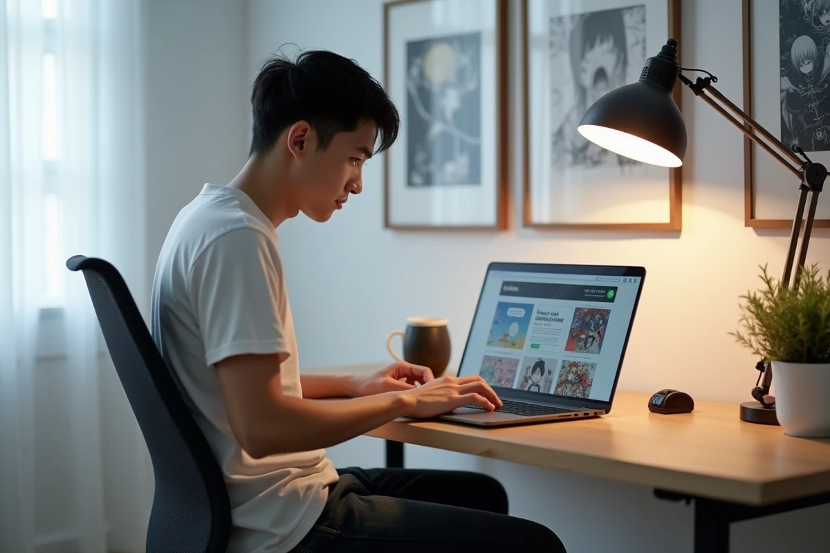 Homme lisant des scans yaoi en version originale sur un site web via son ordinateur portable dans un bureau moderne