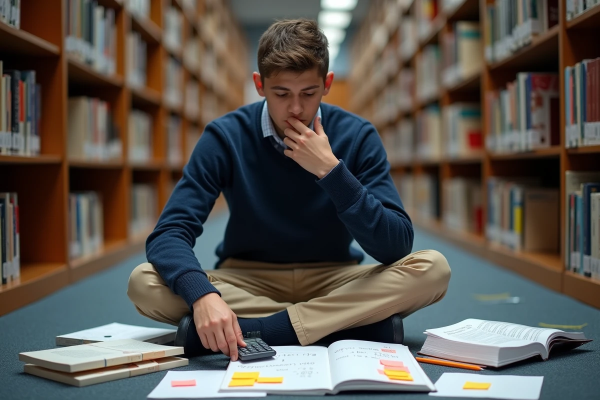 Lycéen étudiant les identités trigonométriques cos a cos b et 2 sin a sin b avec des fiches de révision dans une bibliothèque