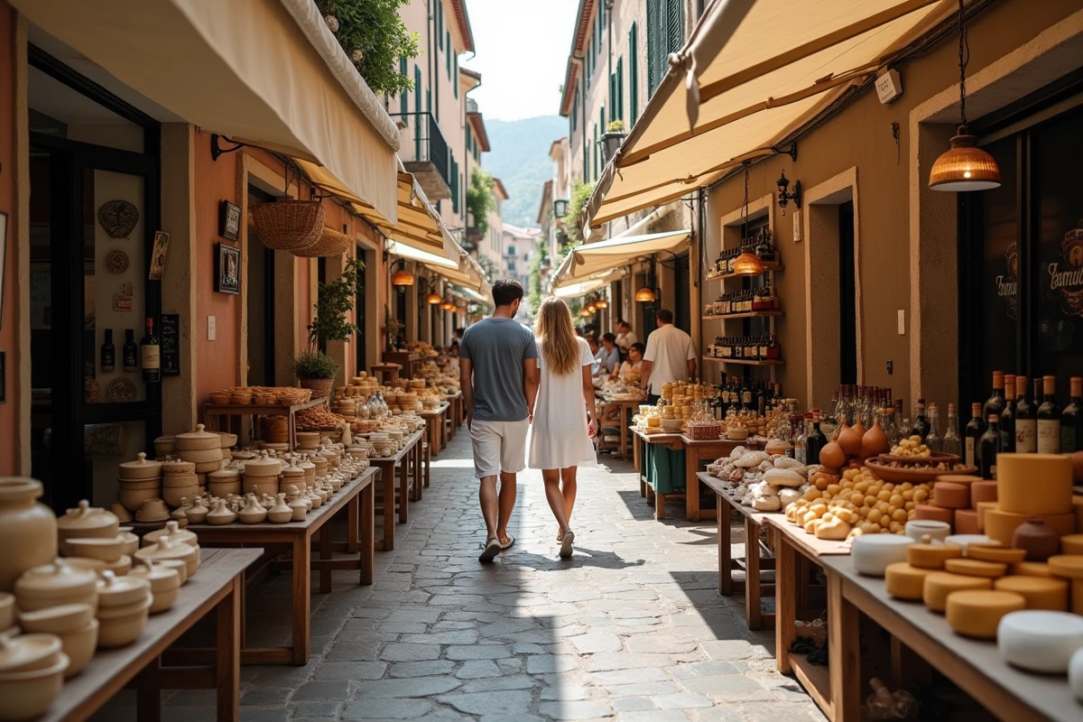 Ruelle du vieux Bordighera animée par un marché artisanal avec céramiques, huile d'olive et fromages locaux