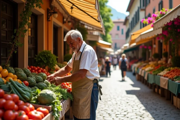 Marché en plein air de Bordighera avec des étals colorés de fruits et légumes frais sous des auvents rayés
