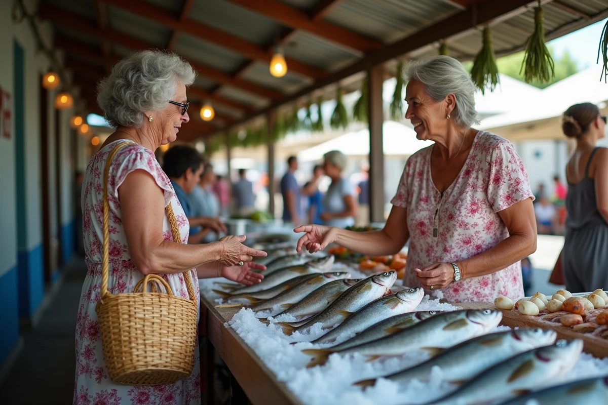 Femme choisissant du poisson frais sur un étal au marché hebdomadaire de Bordighera en Italie