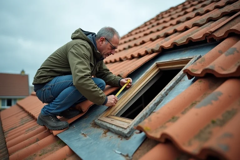 Artisan mesurant le cadre d'un ancien Velux sur un toit en tuiles lors d'une rénovation