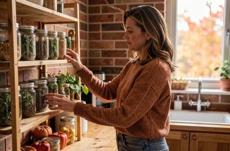 Femme organisant sa cuisine avec des bocaux en verre et des herbes séchées selon les saisons