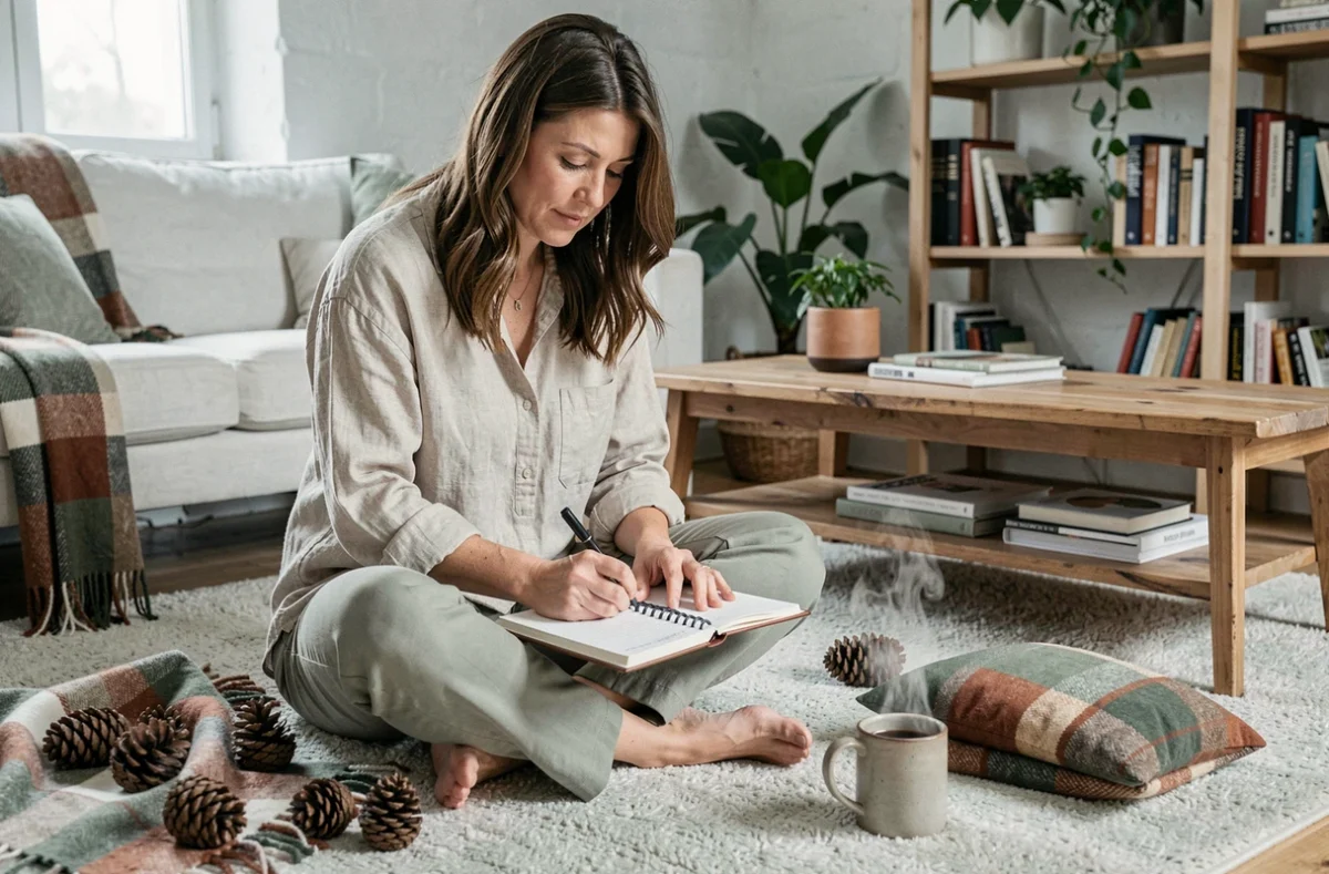 Femme planifiant son quotidien hivernal avec agenda et décorations de saison dans un salon cozy