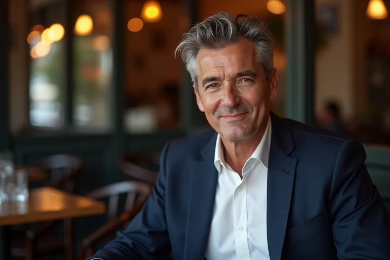 Portrait d'un homme élégant d'une cinquantaine d'années assis dans une brasserie parisienne, évoquant l'univers intime d'une personnalité médiatique