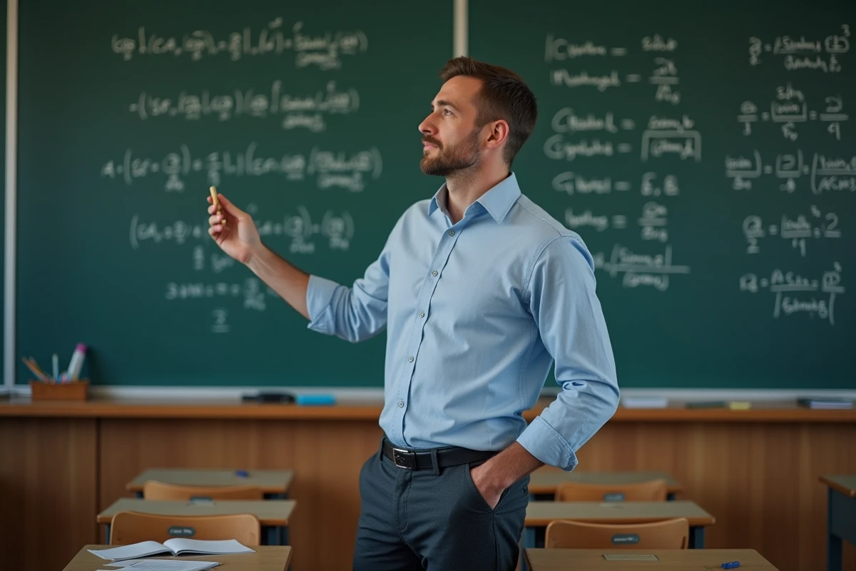 Professeur de mathématiques expliquant les formules trigonométriques cos a cos b et 2 sin a sin b au tableau noir en classe