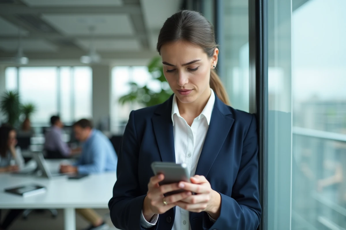 Professionnelle en bureau consultant un journal d'appels pour identifier un numéro 09 inconnu