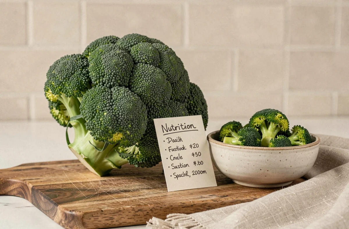 Brocoli frais entier posé sur une planche en bois avec un bol de fleurettes cuites et une fiche nutritionnelle, illustration des protéines et bienfaits du brocoli