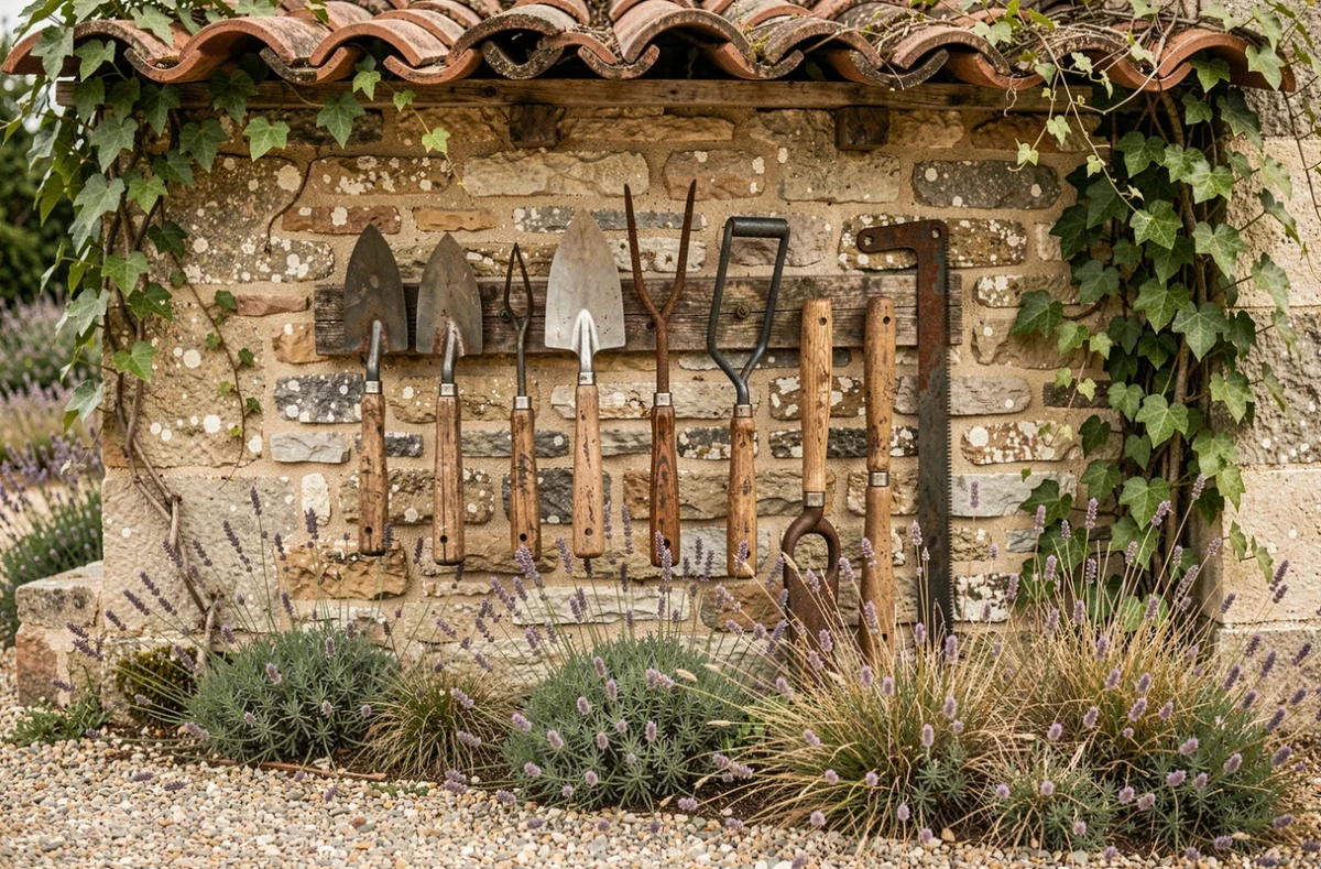 Rangement d'outils de jardinage sur un mur en pierre d'une maison de campagne française entourée de lavande et de lierre