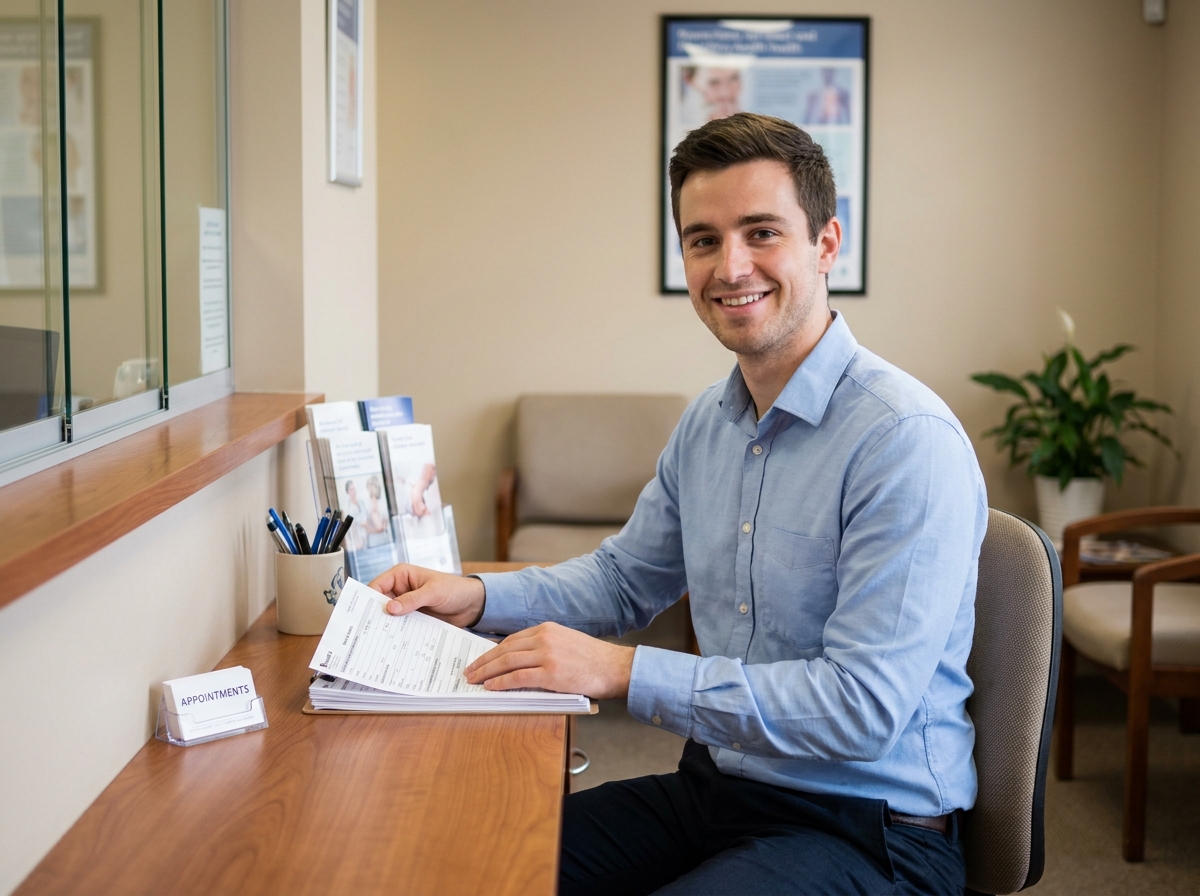 Jeune homme réceptionniste souriant derrière le comptoir