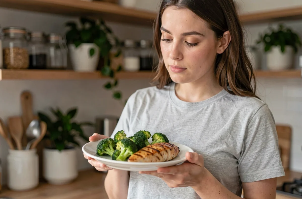 Jeune femme tenant une assiette de brocoli vapeur et poulet grillé dans une cuisine maison, repas riche en protéines végétales et animales
