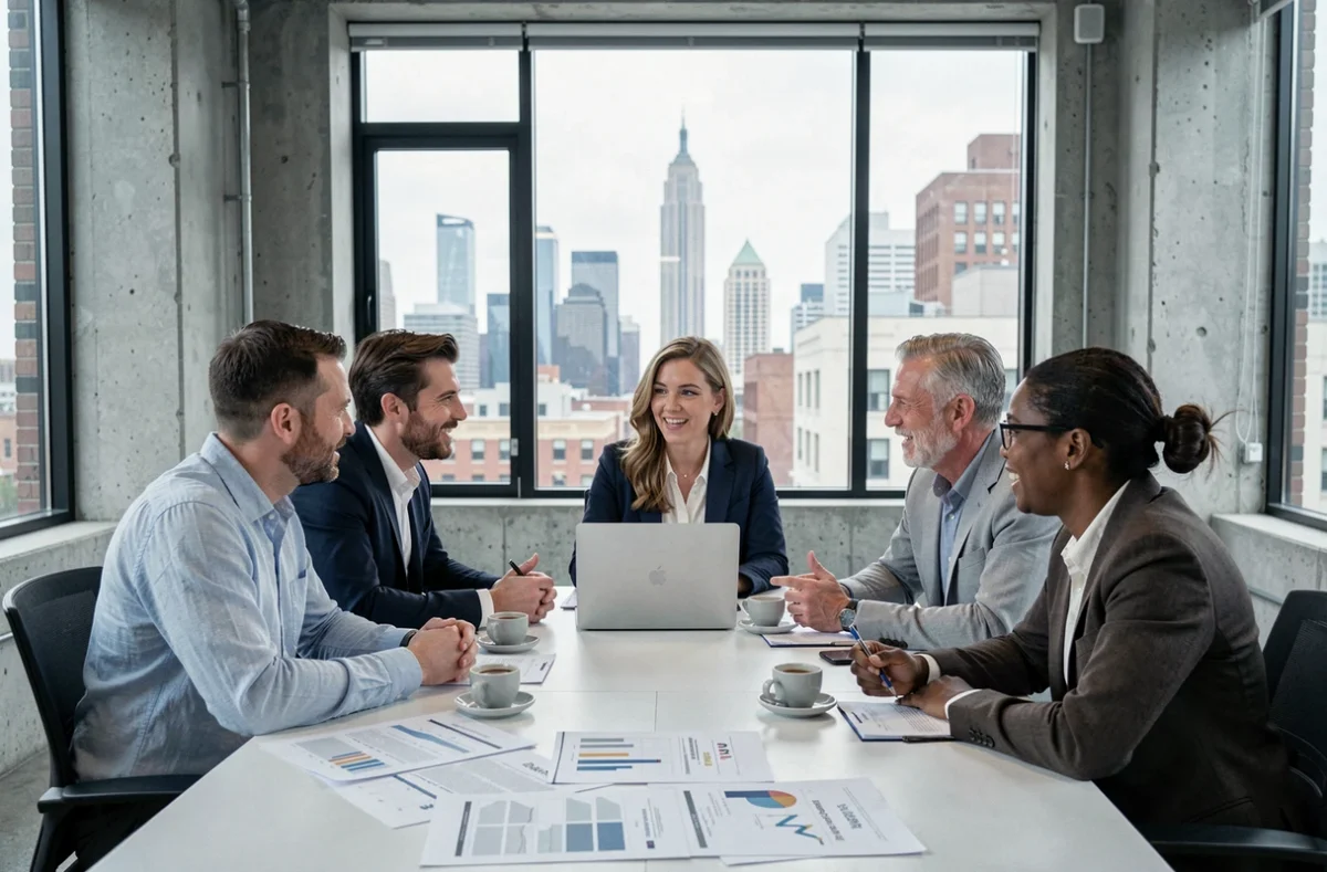 Équipe de professionnels en réunion stratégique dans un espace de coworking moderne en 2024