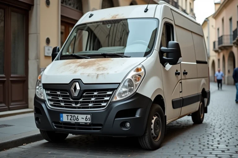 Utilitaire compact d'occasion garé dans une rue urbaine européenne, carrosserie légèrement usée, idéal pour un budget inférieur à 1500 euros